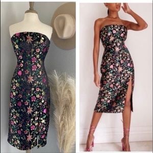 ❤️ Lulus Make a Move Black Satin Floral Jacquard Strapless Midi Dress